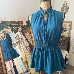 Teal Vintage-Inspired Tie Blouse